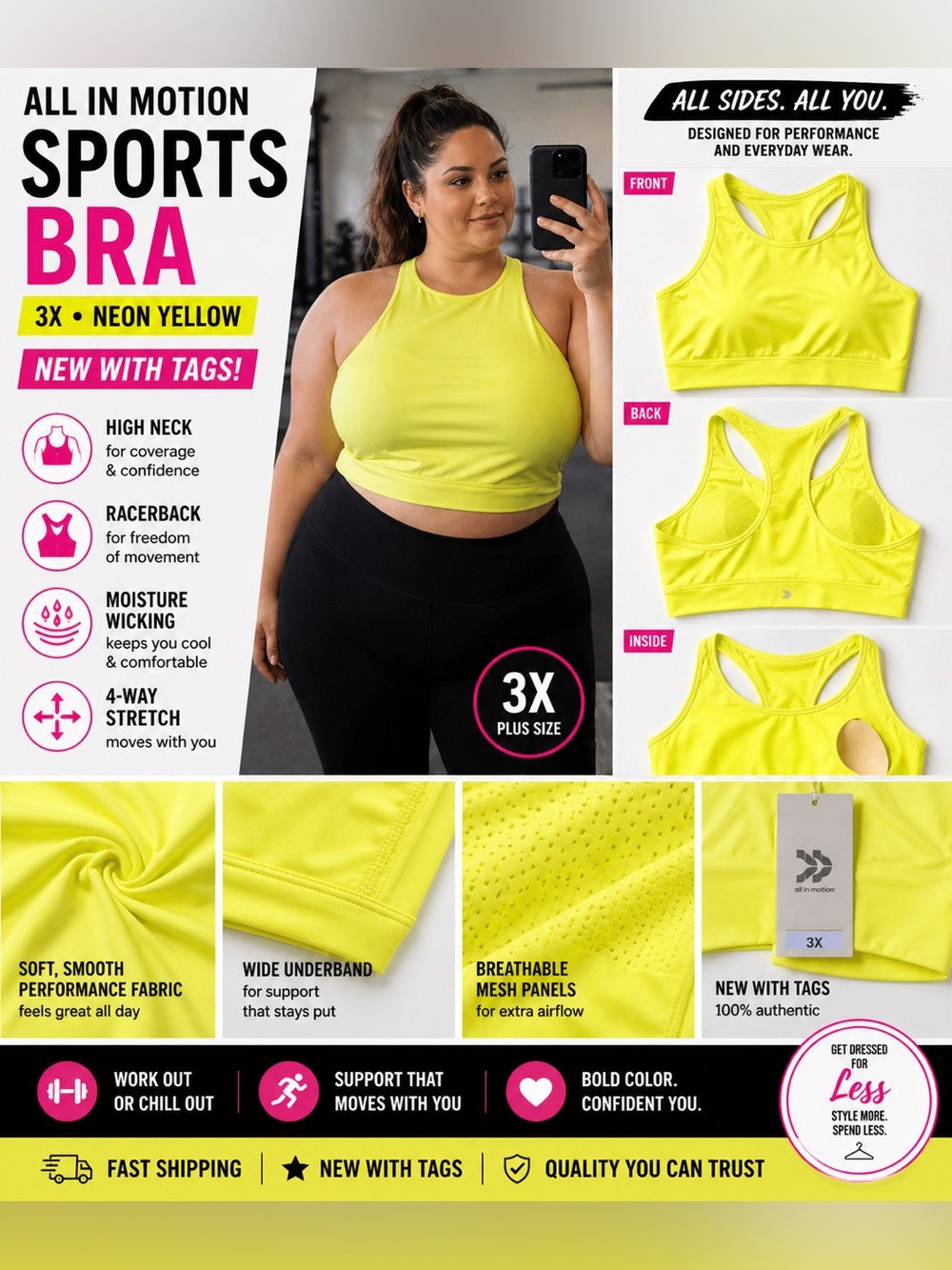 All In Motion Sports Bra 3X Neon Yellow High Neck Racerback NWT Athletic